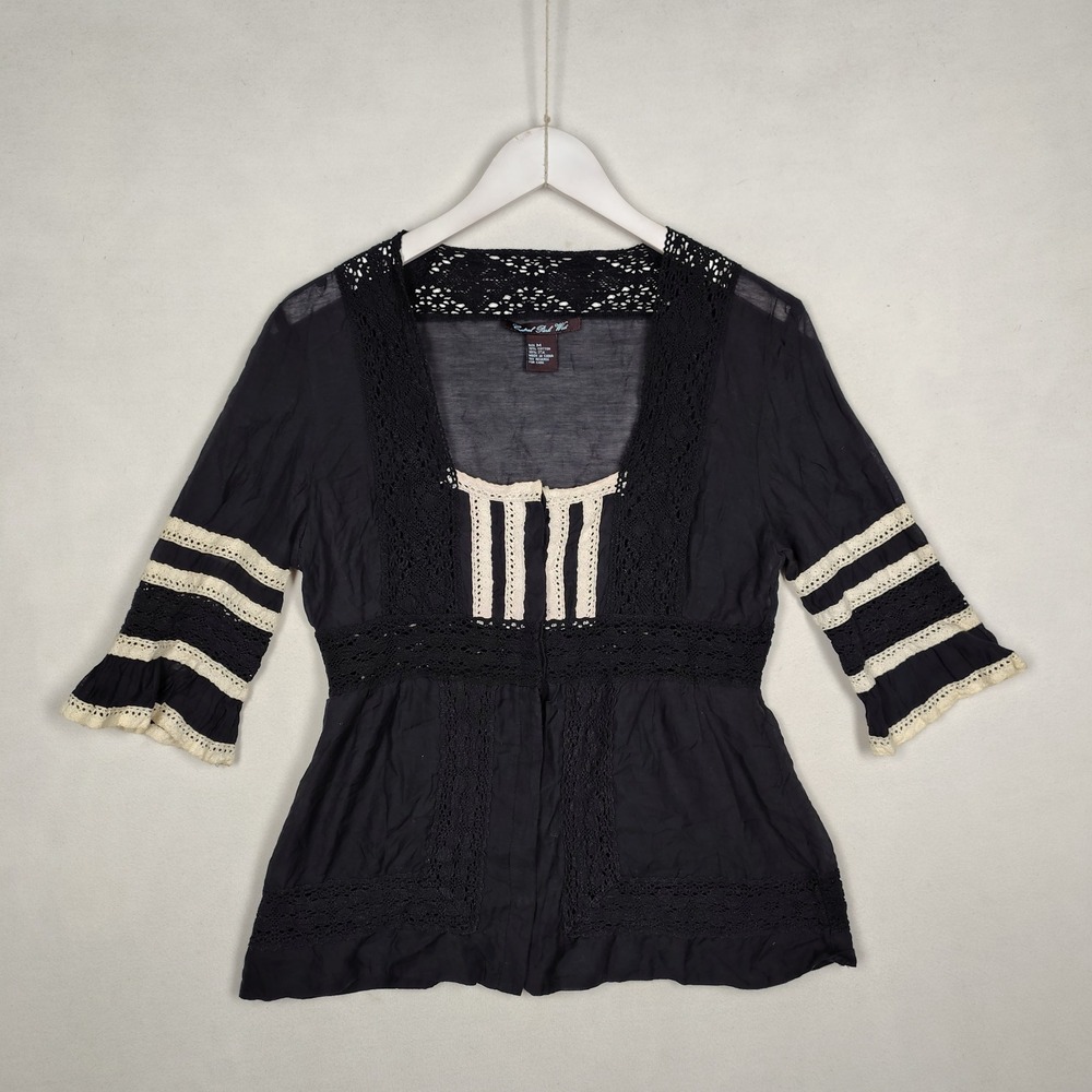 Central Park West Cotton Silk Crochet Lace Bell Sleeve Boho Blouse Black M